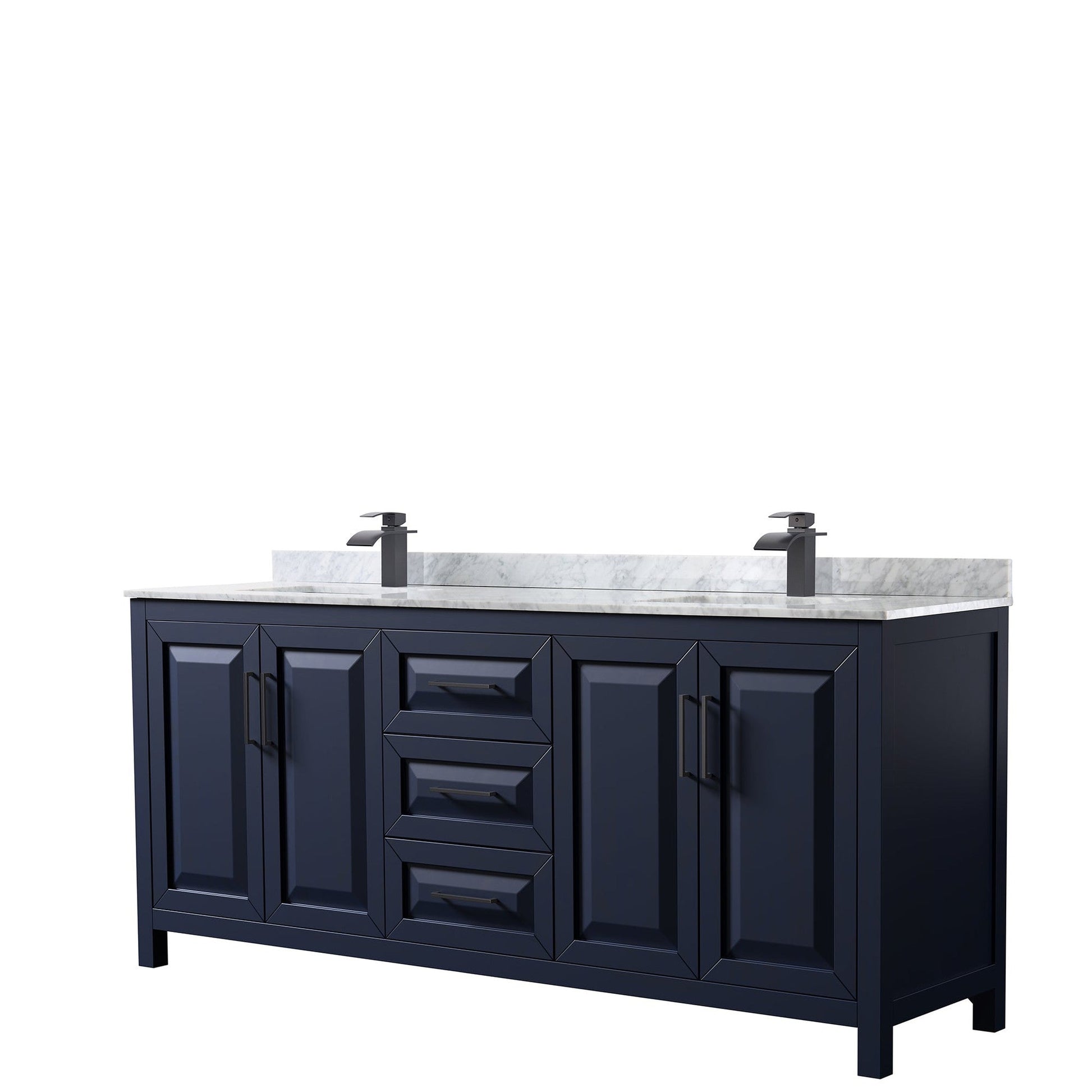 Wyndham Collection Daria 80" Double Bathroom Vanity in Dark Blue, White Carrara Marble Countertop, Undermount Square Sinks, Matte Black Trim