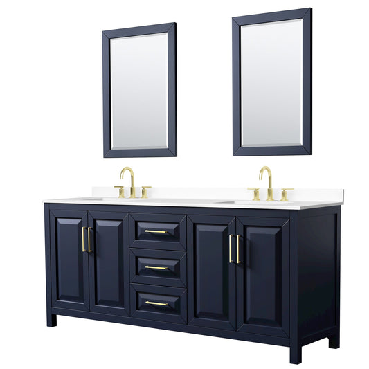 Wyndham Collection Daria 80" Double Bathroom Vanity in Dark Blue, White Cultured Marble Countertop, Undermount Square Sinks (3-Hole), Brushed Gold Trim, 24" Mirrors