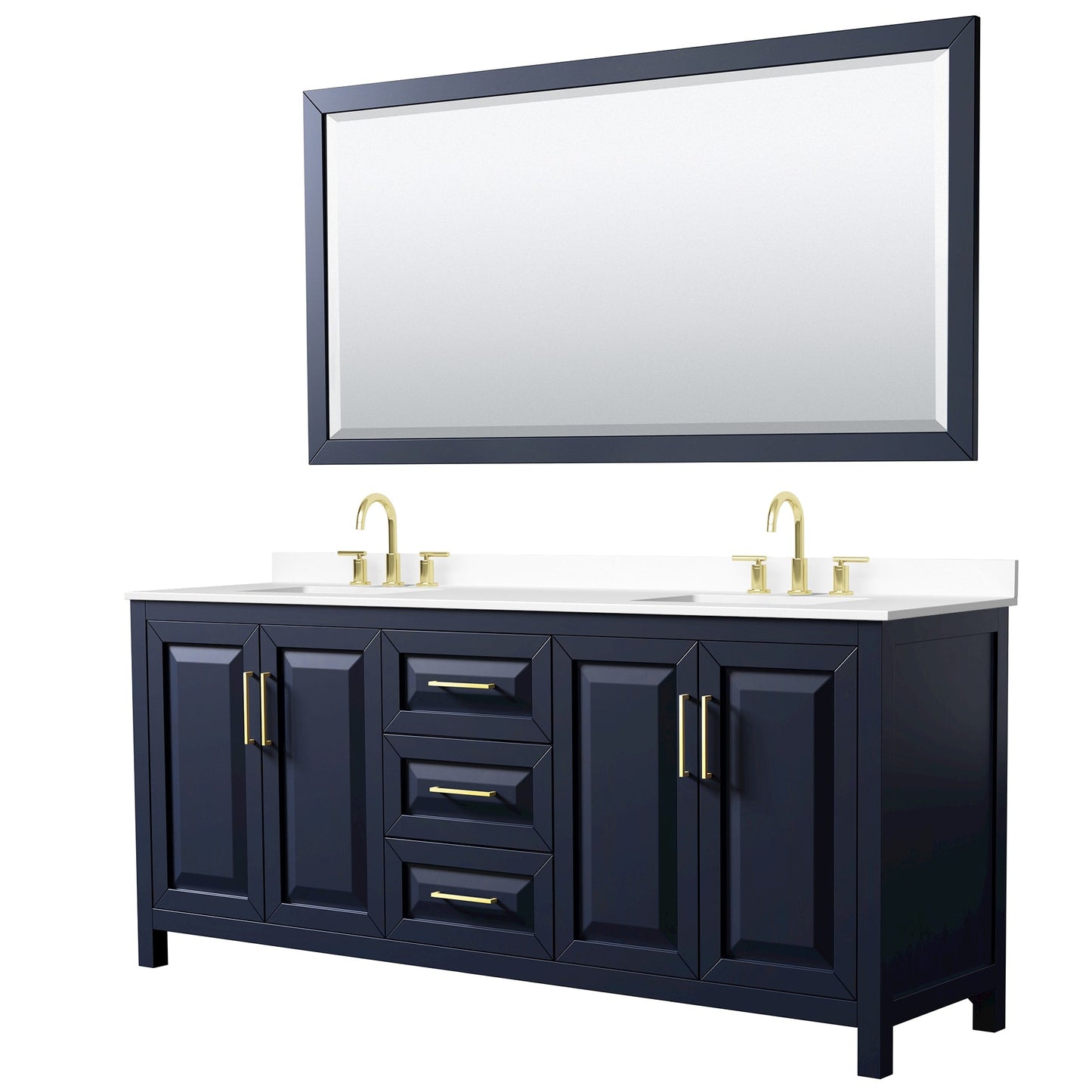 Wyndham Collection Daria 80" Double Bathroom Vanity in Dark Blue, White Cultured Marble Countertop, Undermount Square Sinks (3-Hole), Brushed Gold Trim, 70" Mirror