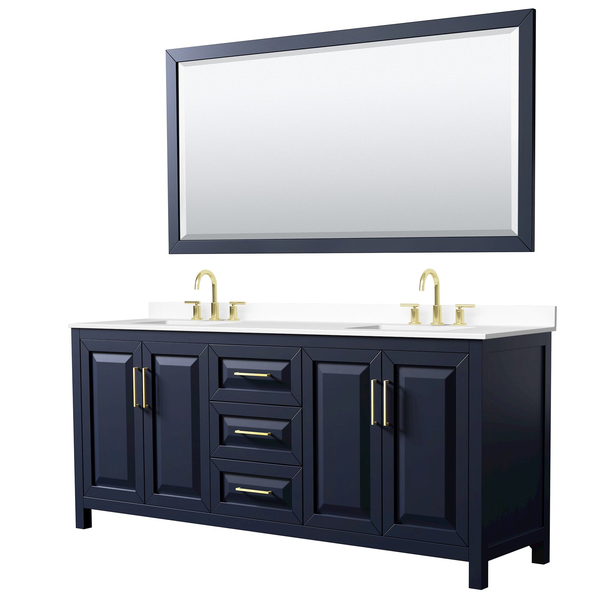 Wyndham Collection Daria 80" Double Bathroom Vanity in Dark Blue, White Cultured Marble Countertop, Undermount Square Sinks (3-Hole), Brushed Gold Trim, 70" Mirror