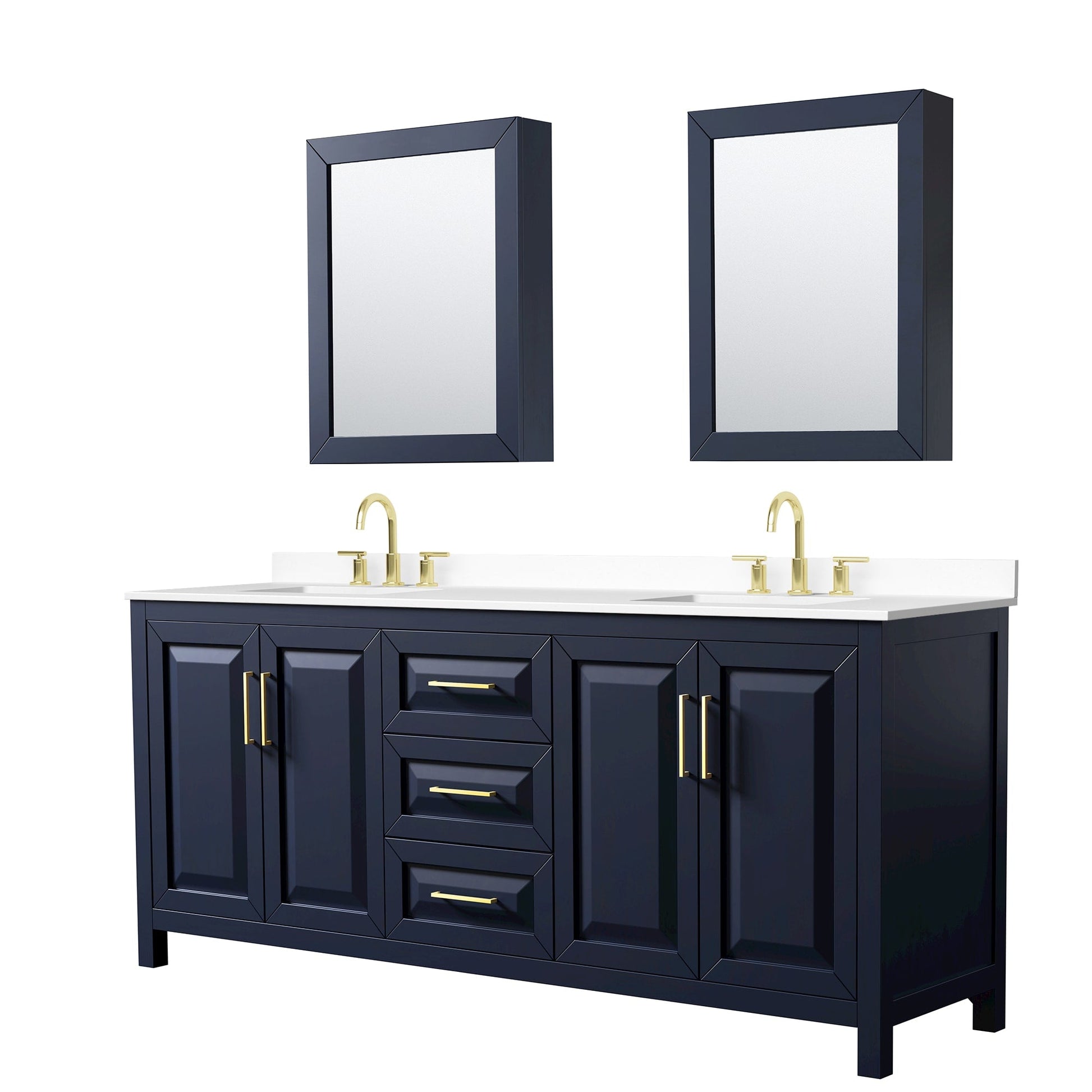 Wyndham Collection Daria 80" Double Bathroom Vanity in Dark Blue, White Cultured Marble Countertop, Undermount Square Sinks (3-Hole), Brushed Gold Trim, Medicine Cabinets