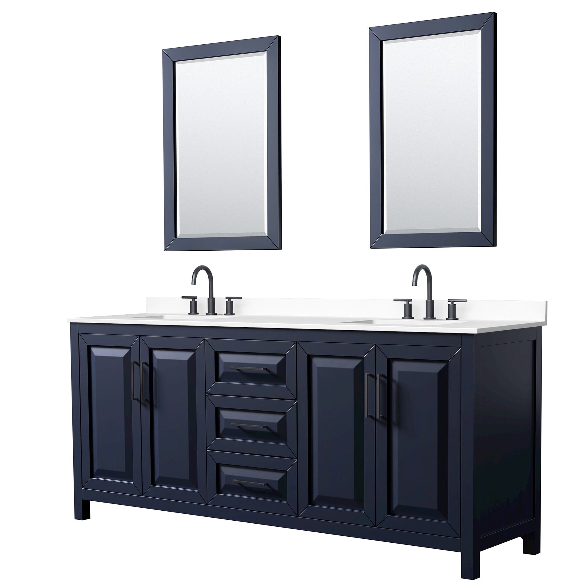 Wyndham Collection Daria 80" Double Bathroom Vanity in Dark Blue, White Cultured Marble Countertop, Undermount Square Sinks (3-Hole), Matte Black Trim, 24" Mirrors