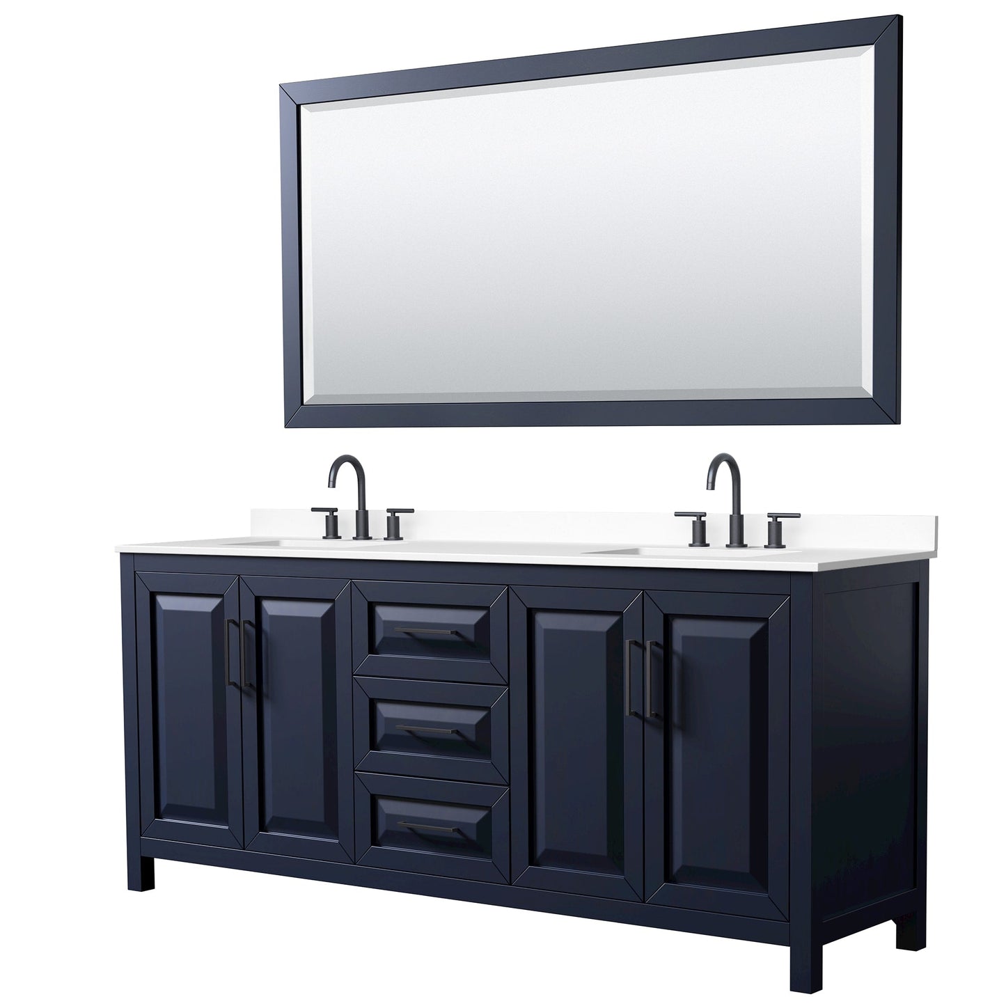 Wyndham Collection Daria 80" Double Bathroom Vanity in Dark Blue, White Cultured Marble Countertop, Undermount Square Sinks (3-Hole), Matte Black Trim, 70" Mirror