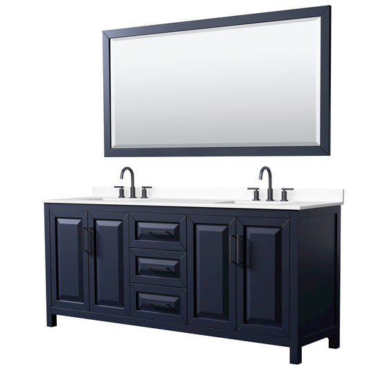 Wyndham Collection Daria 80" Double Bathroom Vanity in Dark Blue, White Cultured Marble Countertop, Undermount Square Sinks (3-Hole), Matte Black Trim, 70" Mirror