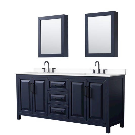 Wyndham Collection Daria 80" Double Bathroom Vanity in Dark Blue, White Cultured Marble Countertop, Undermount Square Sinks (3-Hole), Matte Black Trim, Medicine Cabinets