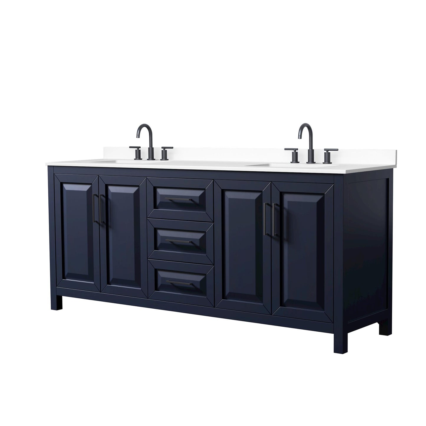 Wyndham Collection Daria 80" Double Bathroom Vanity in Dark Blue, White Cultured Marble Countertop, Undermount Square Sinks (3-Hole), Matte Black Trim