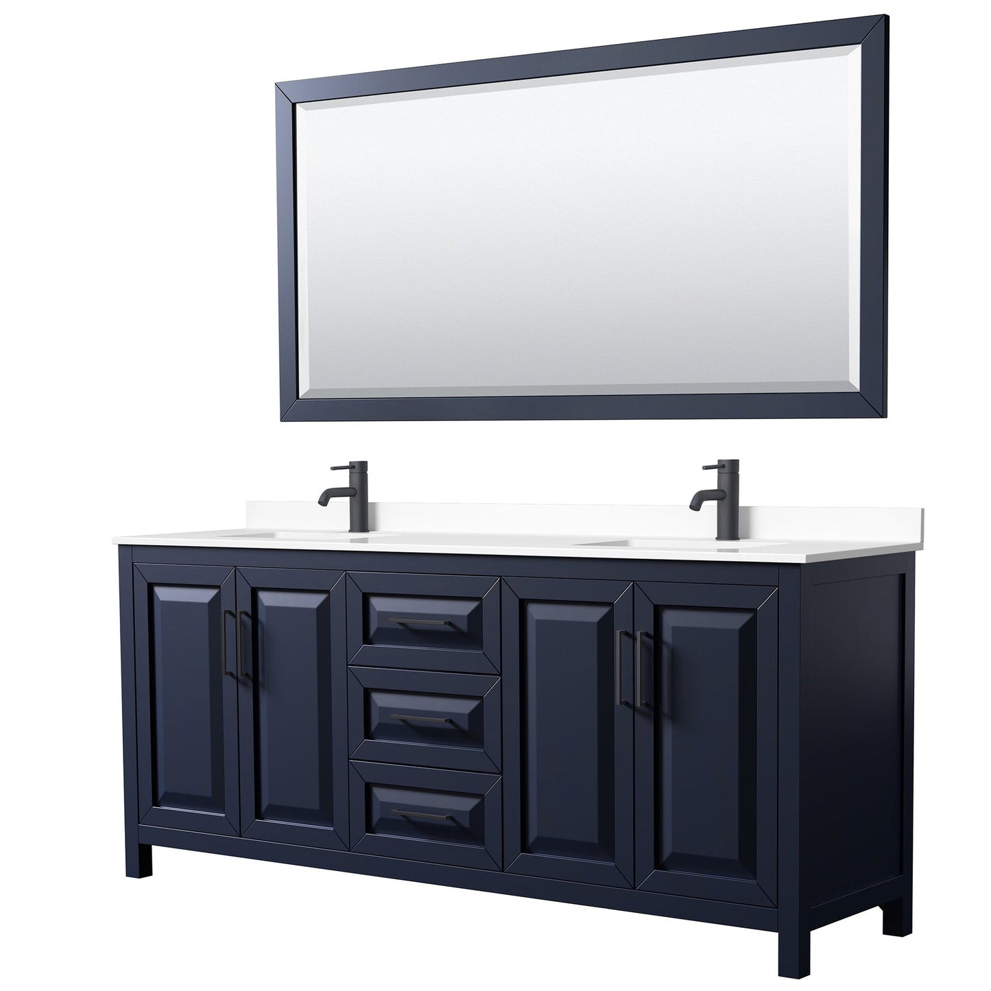 Wyndham Collection Daria 80" Double Bathroom Vanity in Dark Blue, White Cultured Marble Countertop, Undermount Square Sinks, Matte Black Trim, 70" Mirror