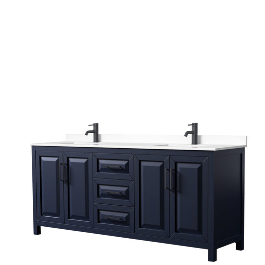 Wyndham Collection Daria 80" Double Bathroom Vanity in Dark Blue, White Cultured Marble Countertop, Undermount Square Sinks, Matte Black Trim