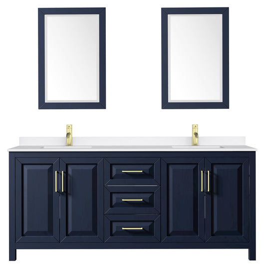 Wyndham Collection Daria 80" Double Bathroom Vanity in Dark Blue, White Quartz Countertop, Undermount Square Sinks (1-Hole), Brushed Gold Trim, 24" Mirrors