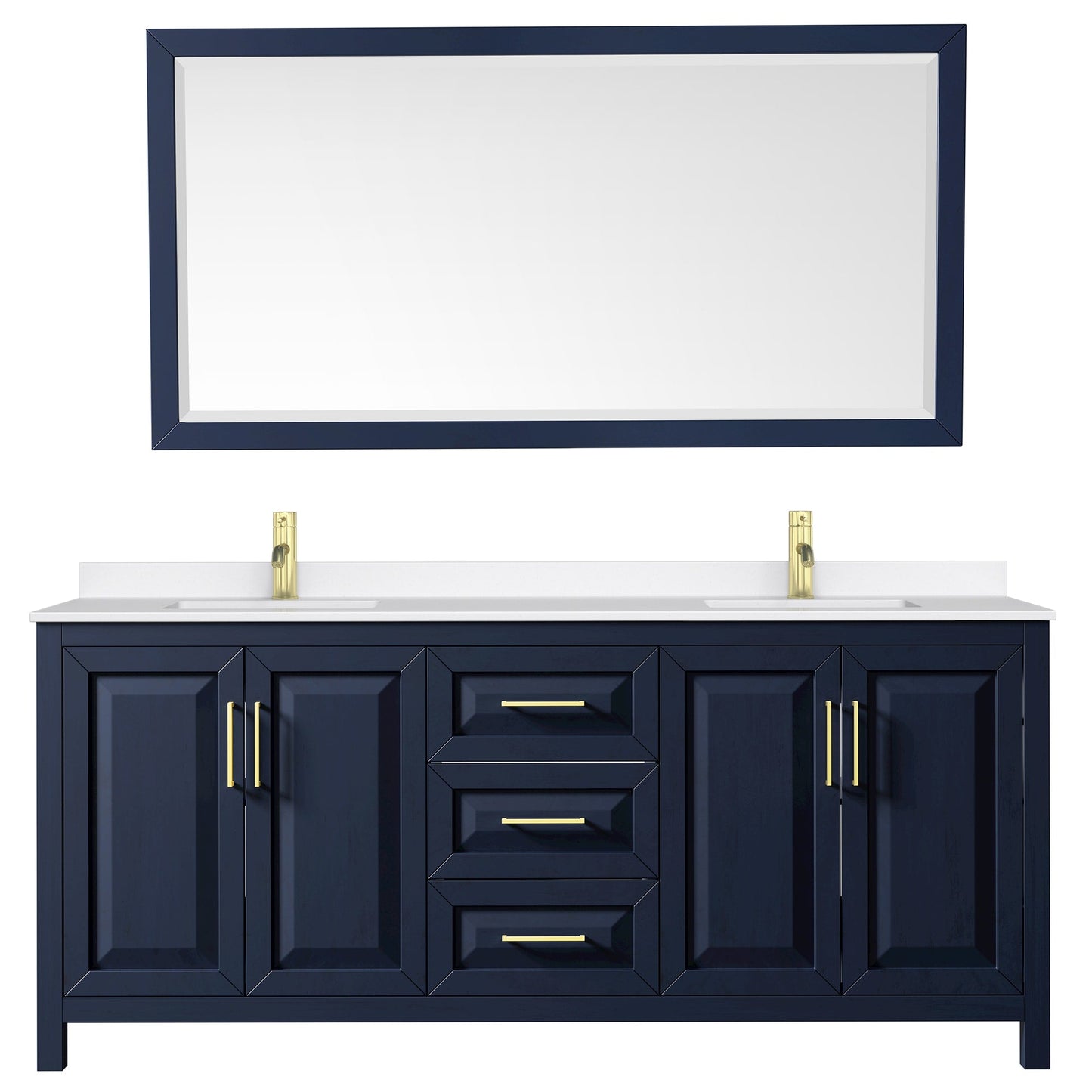 Wyndham Collection Daria 80" Double Bathroom Vanity in Dark Blue, White Quartz Countertop, Undermount Square Sinks (1-Hole), Brushed Gold Trim, 70" Mirror