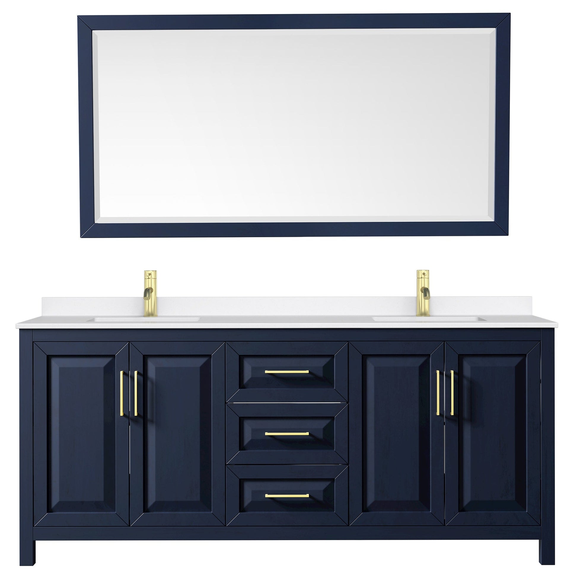 Wyndham Collection Daria 80" Double Bathroom Vanity in Dark Blue, White Quartz Countertop, Undermount Square Sinks (1-Hole), Brushed Gold Trim, 70" Mirror