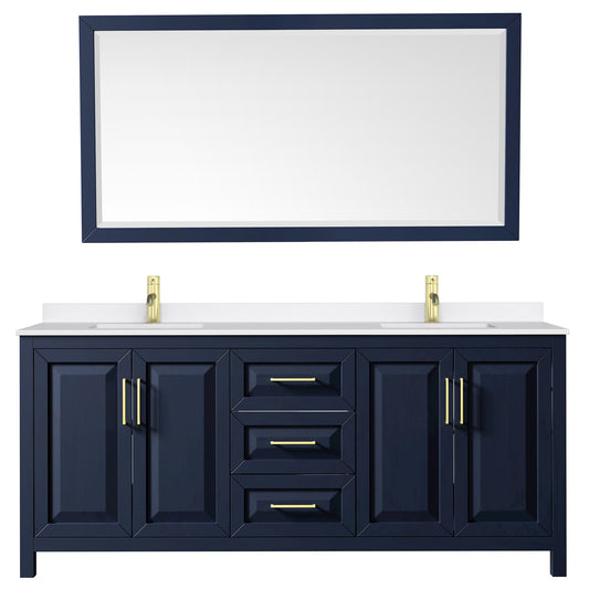 Wyndham Collection Daria 80" Double Bathroom Vanity in Dark Blue, White Quartz Countertop, Undermount Square Sinks (1-Hole), Brushed Gold Trim, 70" Mirror