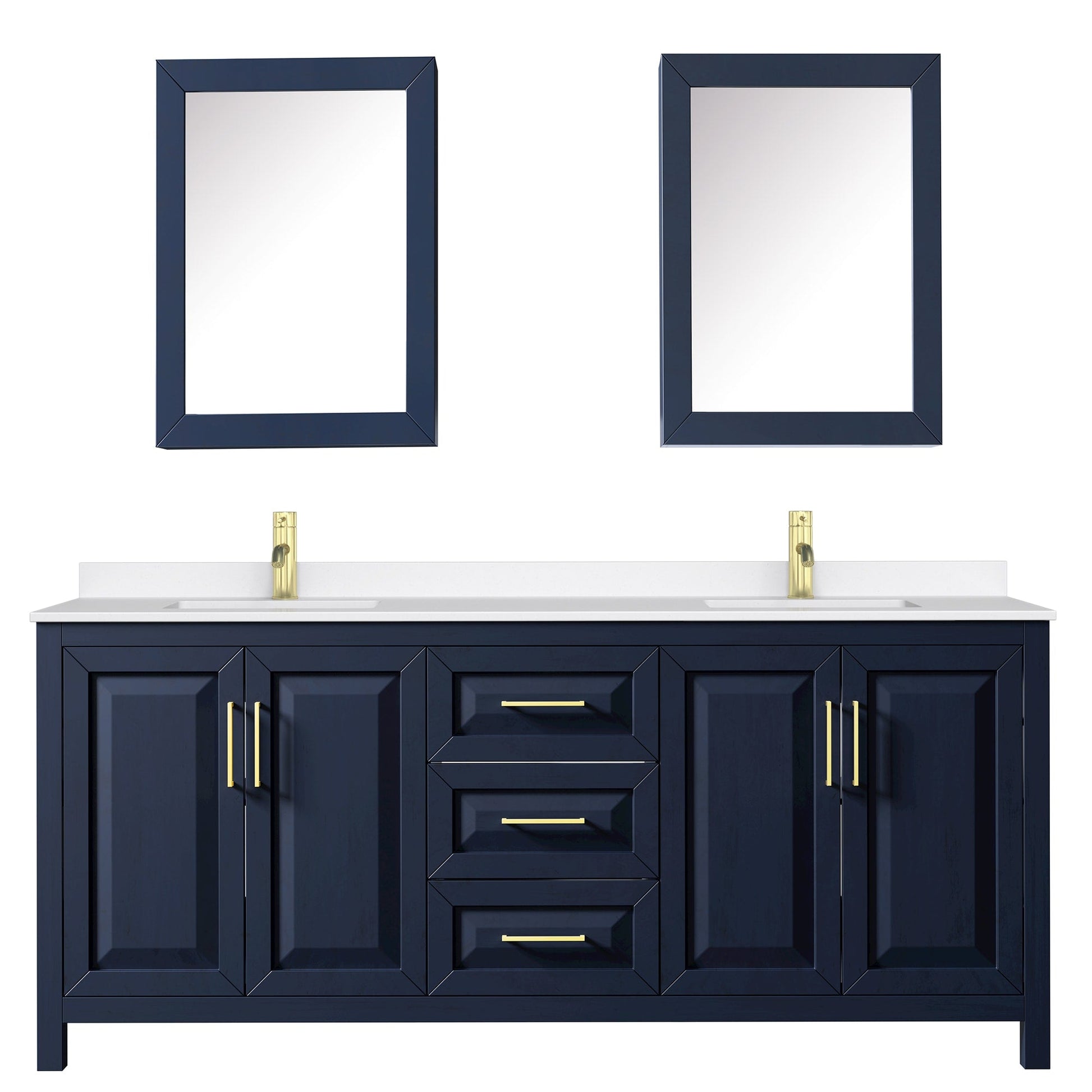 Wyndham Collection Daria 80" Double Bathroom Vanity in Dark Blue, White Quartz Countertop, Undermount Square Sinks (1-Hole), Brushed Gold Trim, Medicine Cabinets