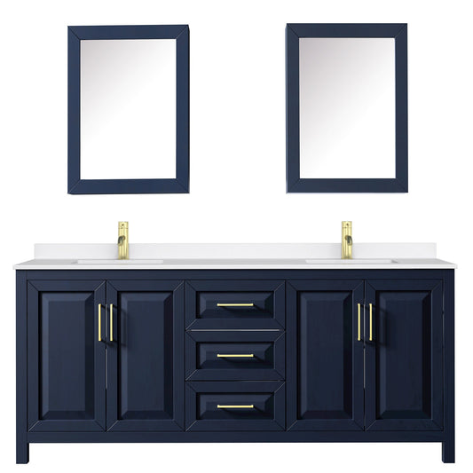 Wyndham Collection Daria 80" Double Bathroom Vanity in Dark Blue, White Quartz Countertop, Undermount Square Sinks (1-Hole), Brushed Gold Trim, Medicine Cabinets