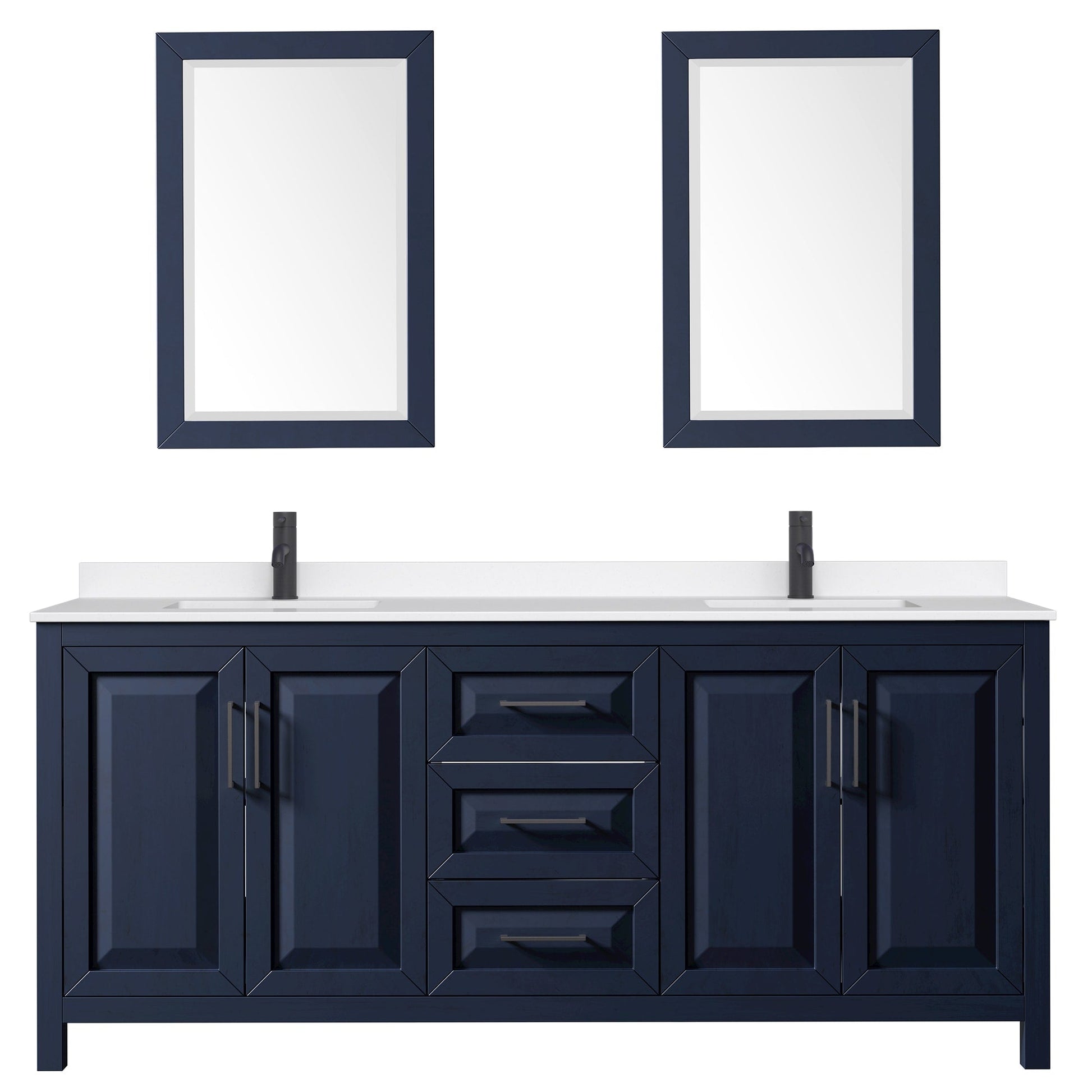 Wyndham Collection Daria 80" Double Bathroom Vanity in Dark Blue, White Quartz Countertop, Undermount Square Sinks (1-Hole), Matte Black Trim, 24" Mirrors