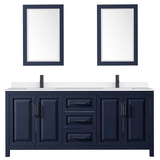 Wyndham Collection Daria 80" Double Bathroom Vanity in Dark Blue, White Quartz Countertop, Undermount Square Sinks (1-Hole), Matte Black Trim, 24" Mirrors