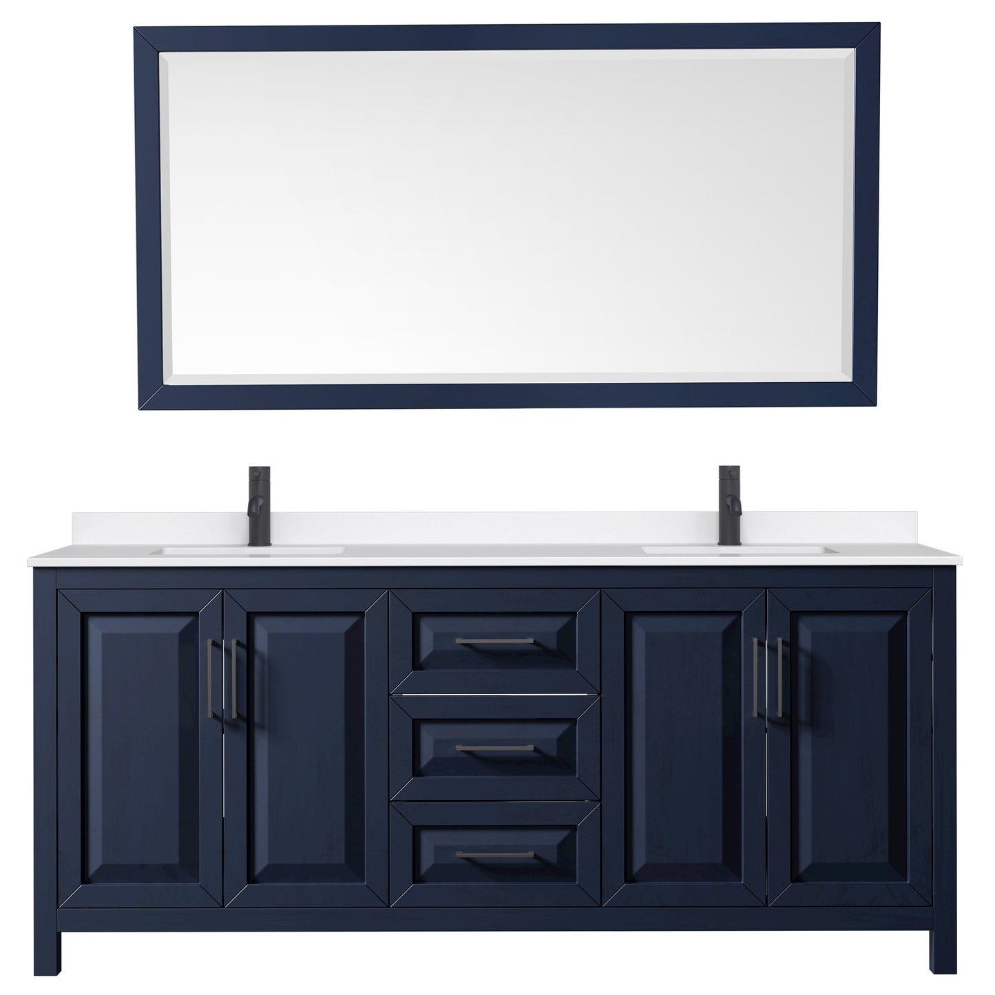 Wyndham Collection Daria 80" Double Bathroom Vanity in Dark Blue, White Quartz Countertop, Undermount Square Sinks (1-Hole), Matte Black Trim, 70" Mirror