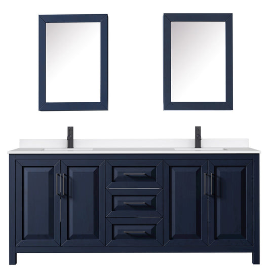 Wyndham Collection Daria 80" Double Bathroom Vanity in Dark Blue, White Quartz Countertop, Undermount Square Sinks (1-Hole), Matte Black Trim, Medicine Cabinets