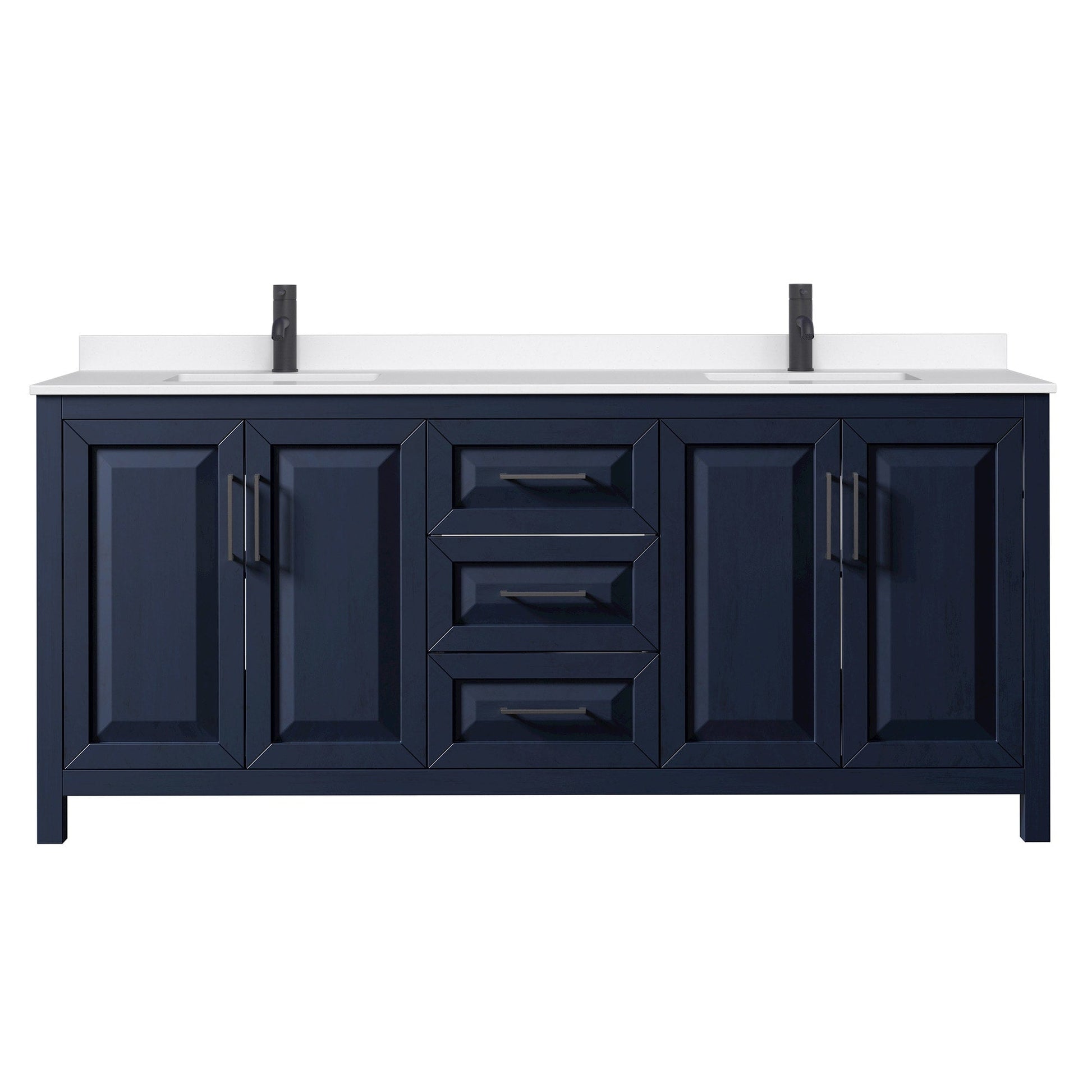 Wyndham Collection Daria 80" Double Bathroom Vanity in Dark Blue, White Quartz Countertop, Undermount Square Sinks (1-Hole), Matte Black Trim