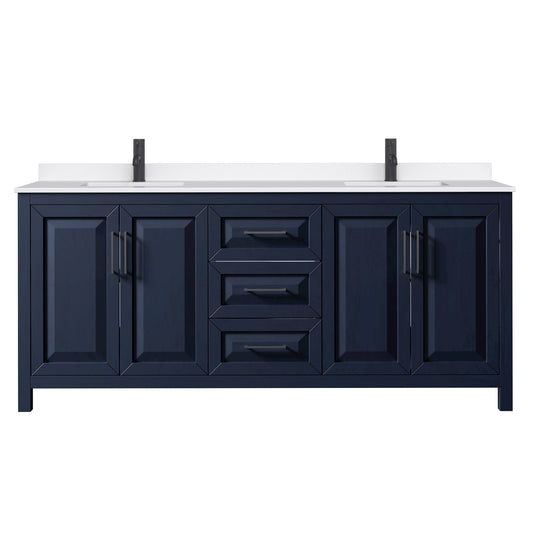 Wyndham Collection Daria 80" Double Bathroom Vanity in Dark Blue, White Quartz Countertop, Undermount Square Sinks (1-Hole), Matte Black Trim