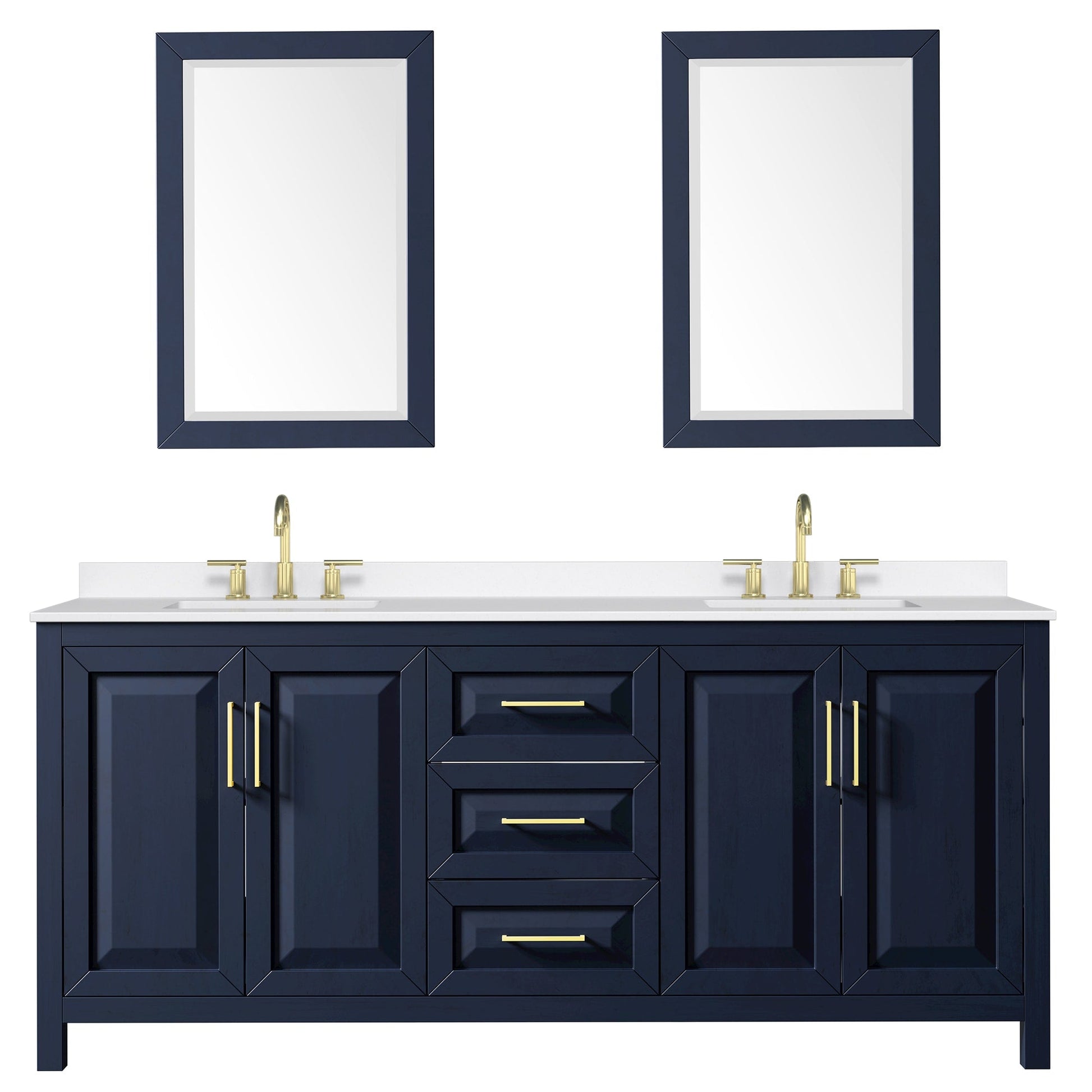 Wyndham Collection Daria 80" Double Bathroom Vanity in Dark Blue, White Quartz Countertop, Undermount Square Sinks (3-Hole), Brushed Gold Trim, 24" Mirrors