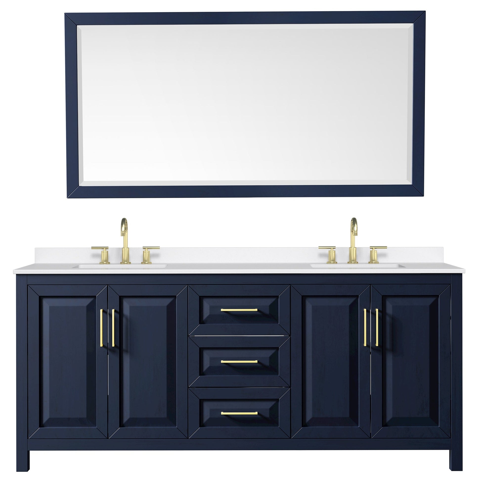 Wyndham Collection Daria 80" Double Bathroom Vanity in Dark Blue, White Quartz Countertop, Undermount Square Sinks (3-Hole), Brushed Gold Trim, 70" Mirror