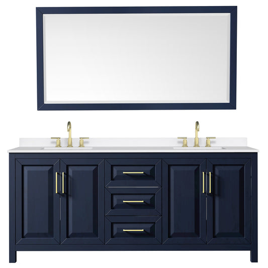 Wyndham Collection Daria 80" Double Bathroom Vanity in Dark Blue, White Quartz Countertop, Undermount Square Sinks (3-Hole), Brushed Gold Trim, 70" Mirror