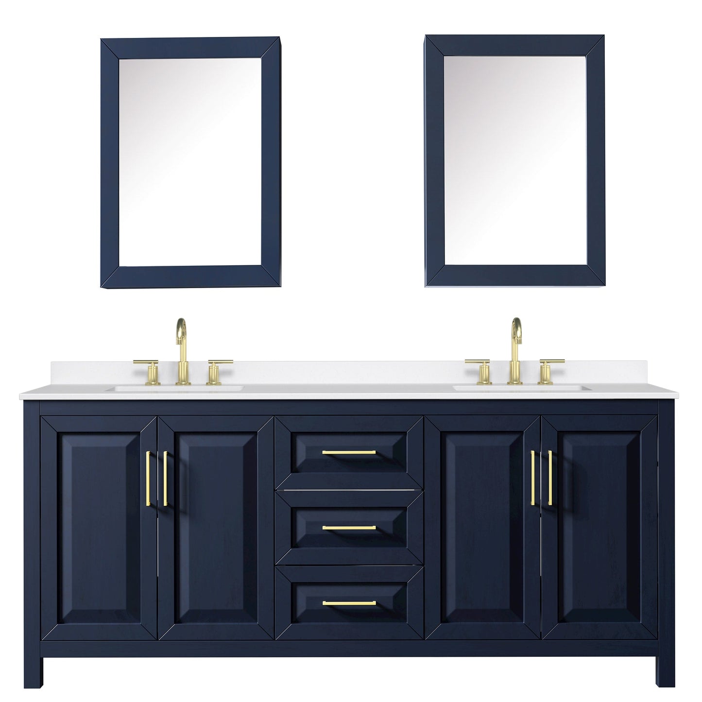 Wyndham Collection Daria 80" Double Bathroom Vanity in Dark Blue, White Quartz Countertop, Undermount Square Sinks (3-Hole), Brushed Gold Trim, Medicine Cabinets