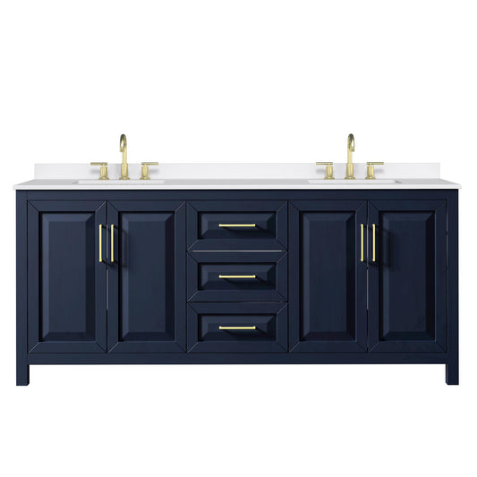 Wyndham Collection Daria 80" Double Bathroom Vanity in Dark Blue, White Quartz Countertop, Undermount Square Sinks (3-Hole), Brushed Gold Trim