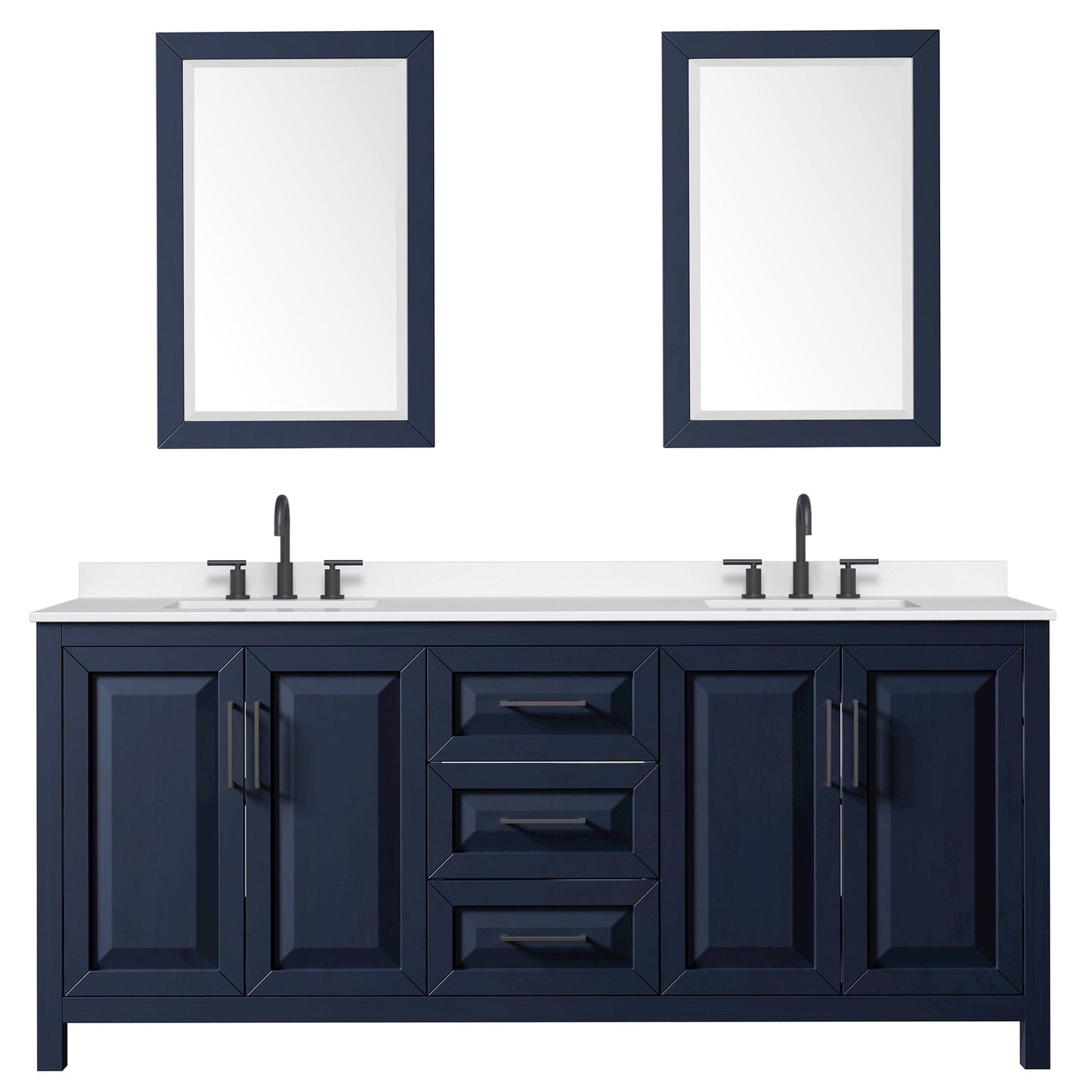 Wyndham Collection Daria 80" Double Bathroom Vanity in Dark Blue, White Quartz Countertop, Undermount Square Sinks (3-Hole), Matte Black Trim, 24" Mirrors