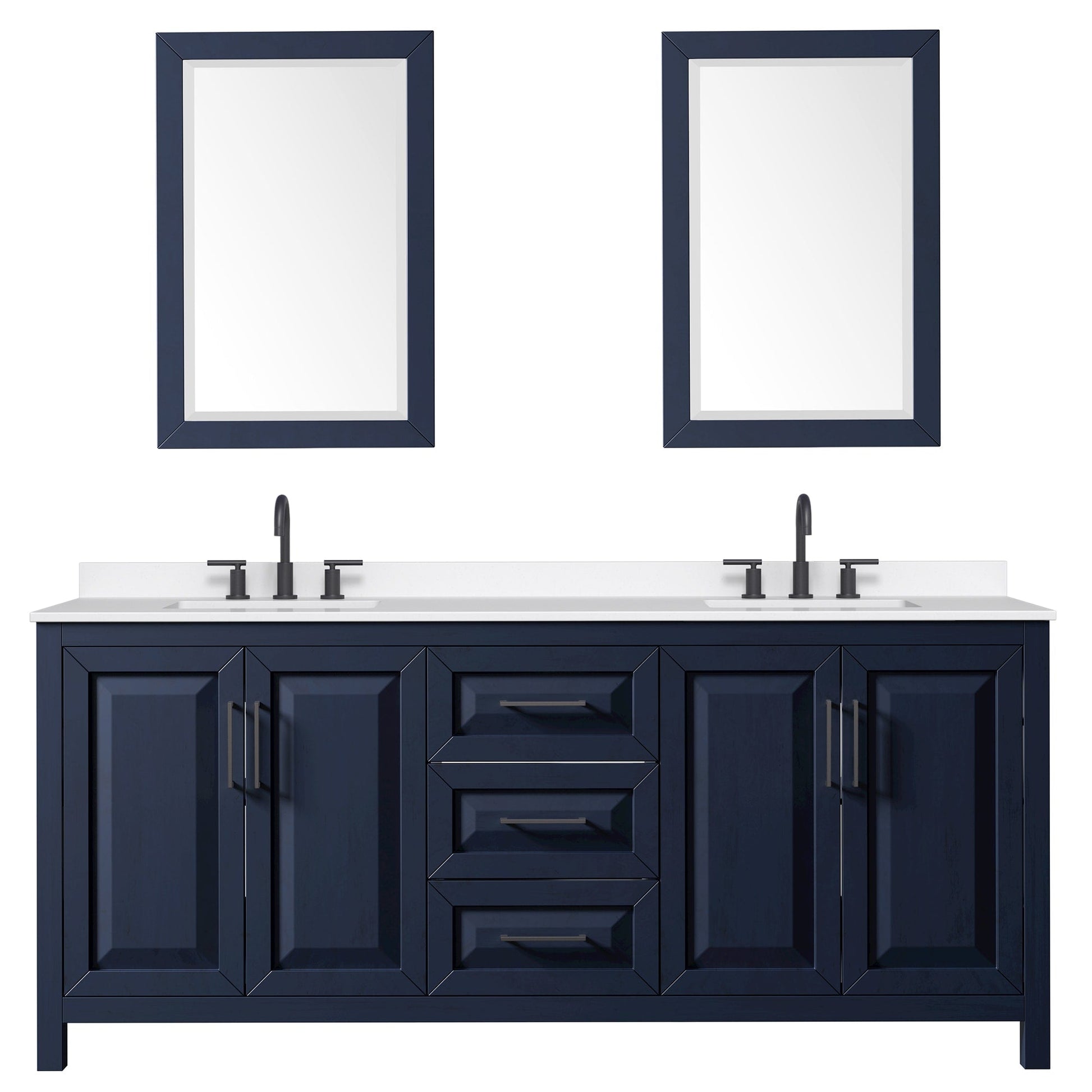 Wyndham Collection Daria 80" Double Bathroom Vanity in Dark Blue, White Quartz Countertop, Undermount Square Sinks (3-Hole), Matte Black Trim, 24" Mirrors