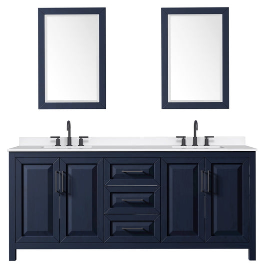 Wyndham Collection Daria 80" Double Bathroom Vanity in Dark Blue, White Quartz Countertop, Undermount Square Sinks (3-Hole), Matte Black Trim, 24" Mirrors