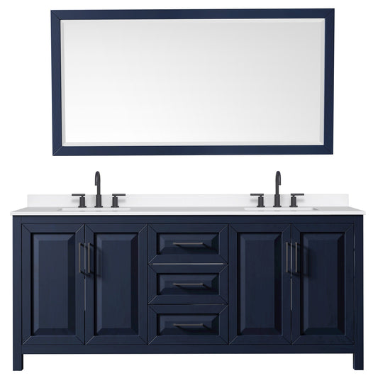 Wyndham Collection Daria 80" Double Bathroom Vanity in Dark Blue, White Quartz Countertop, Undermount Square Sinks (3-Hole), Matte Black Trim, 70" Mirror