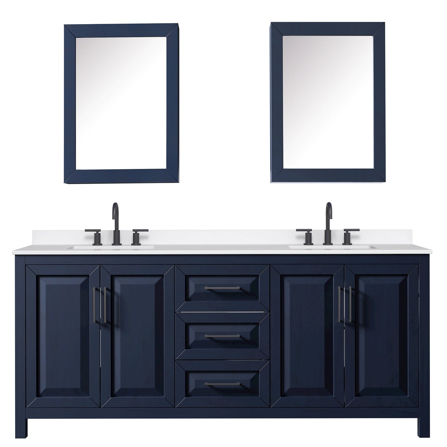 Wyndham Collection Daria 80" Double Bathroom Vanity in Dark Blue, White Quartz Countertop, Undermount Square Sinks (3-Hole), Matte Black Trim, Medicine Cabinets