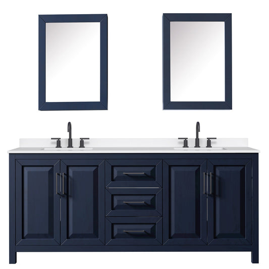Wyndham Collection Daria 80" Double Bathroom Vanity in Dark Blue, White Quartz Countertop, Undermount Square Sinks (3-Hole), Matte Black Trim, Medicine Cabinets