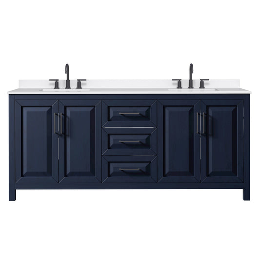 Wyndham Collection Daria 80" Double Bathroom Vanity in Dark Blue, White Quartz Countertop, Undermount Square Sinks (3-Hole), Matte Black Trim