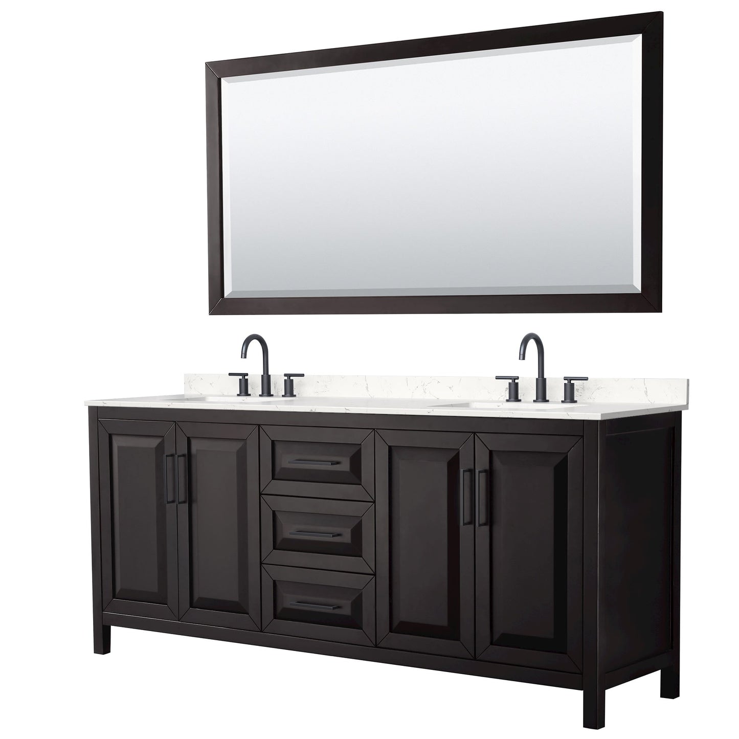 Wyndham Collection Daria 80" Double Bathroom Vanity in Dark Espresso, Carrara Cultured Marble Countertop, Undermount Square Sinks (3-Hole), Matte Black Trim, 70" Mirror