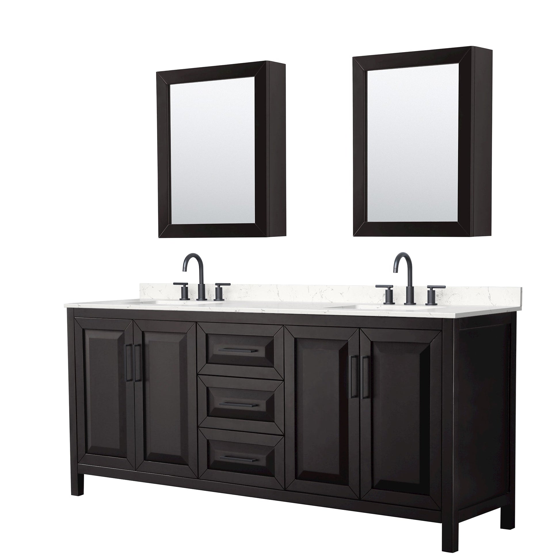 Wyndham Collection Daria 80" Double Bathroom Vanity in Dark Espresso, Carrara Cultured Marble Countertop, Undermount Square Sinks (3-Hole), Matte Black Trim, Medicine Cabinets