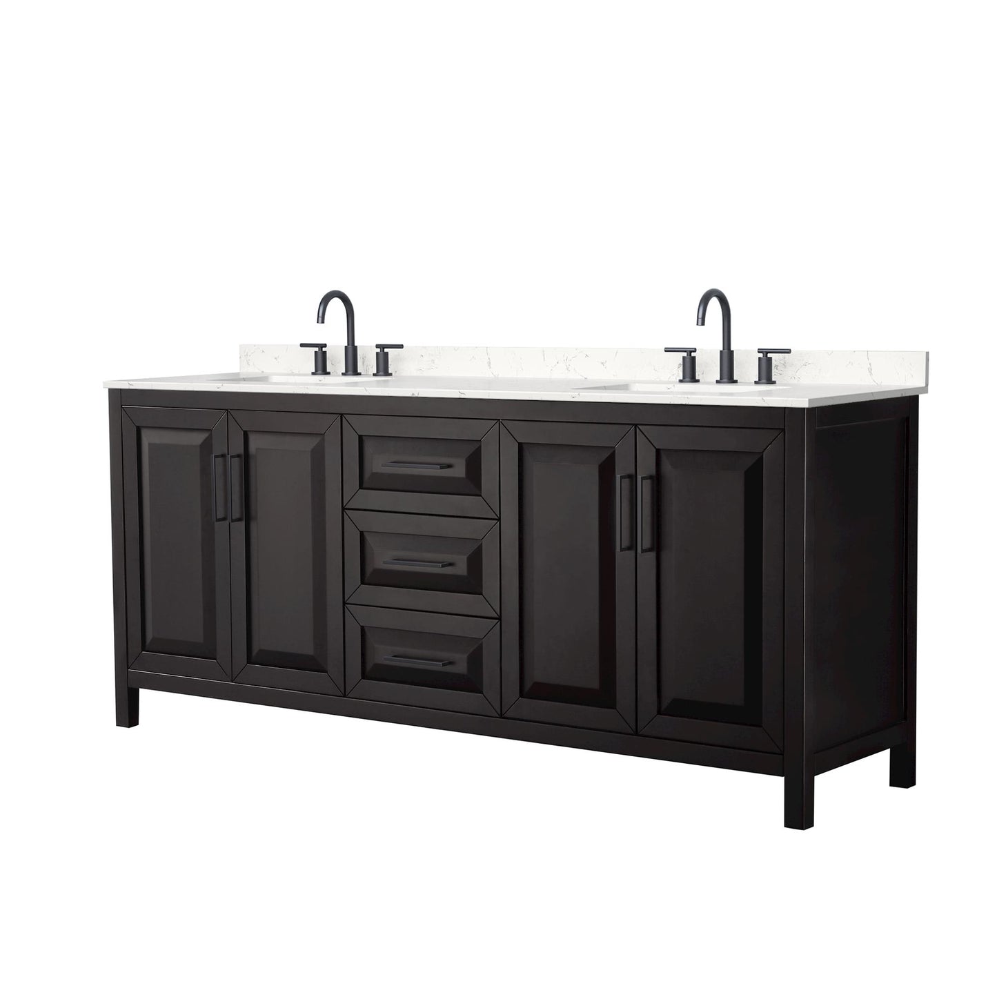 Wyndham Collection Daria 80" Double Bathroom Vanity in Dark Espresso, Carrara Cultured Marble Countertop, Undermount Square Sinks (3-Hole), Matte Black Trim