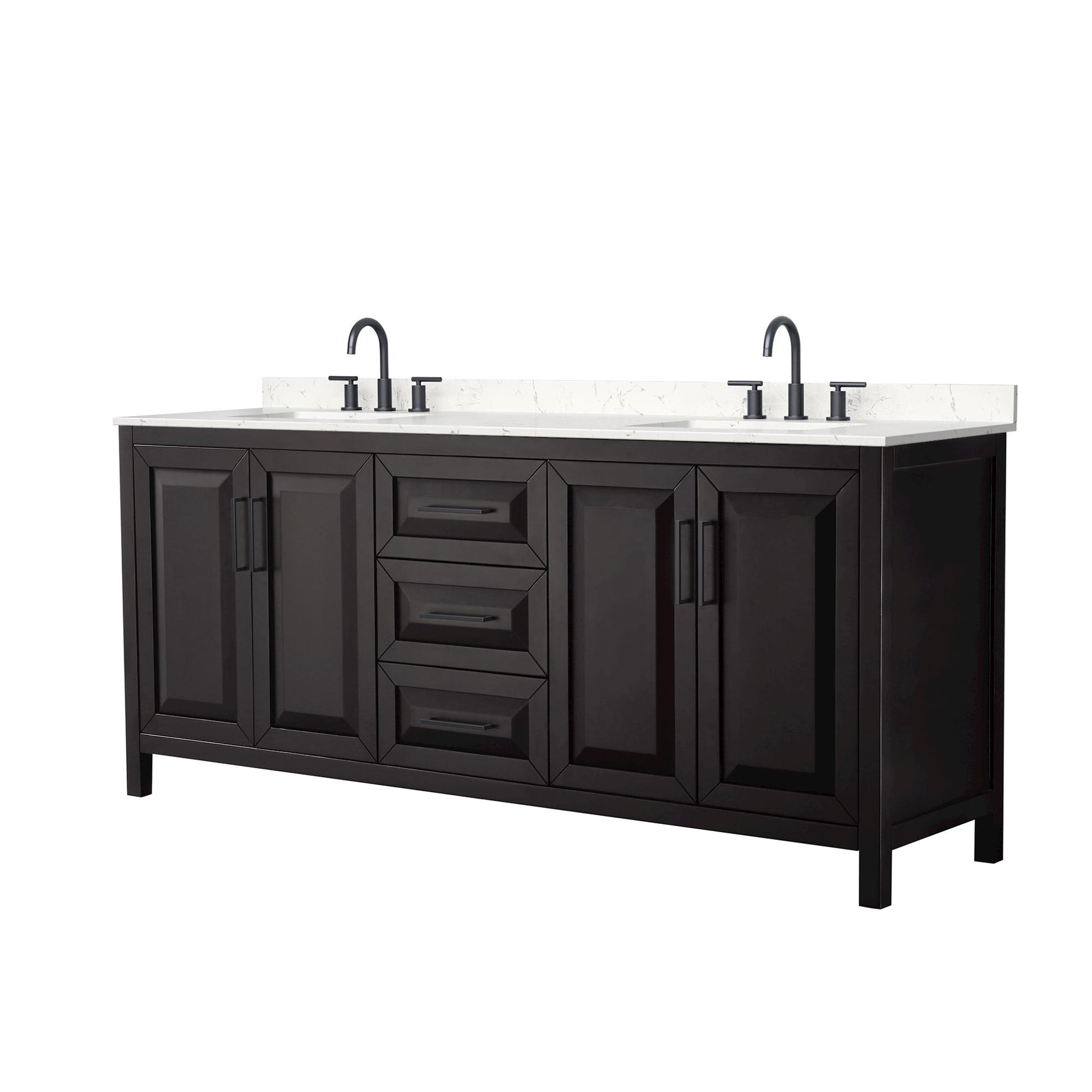 Wyndham Collection Daria 80" Double Bathroom Vanity in Dark Espresso, Carrara Cultured Marble Countertop, Undermount Square Sinks (3-Hole), Matte Black Trim
