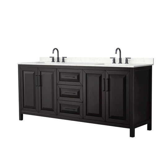Wyndham Collection Daria 80" Double Bathroom Vanity in Dark Espresso, Carrara Cultured Marble Countertop, Undermount Square Sinks (3-Hole), Matte Black Trim
