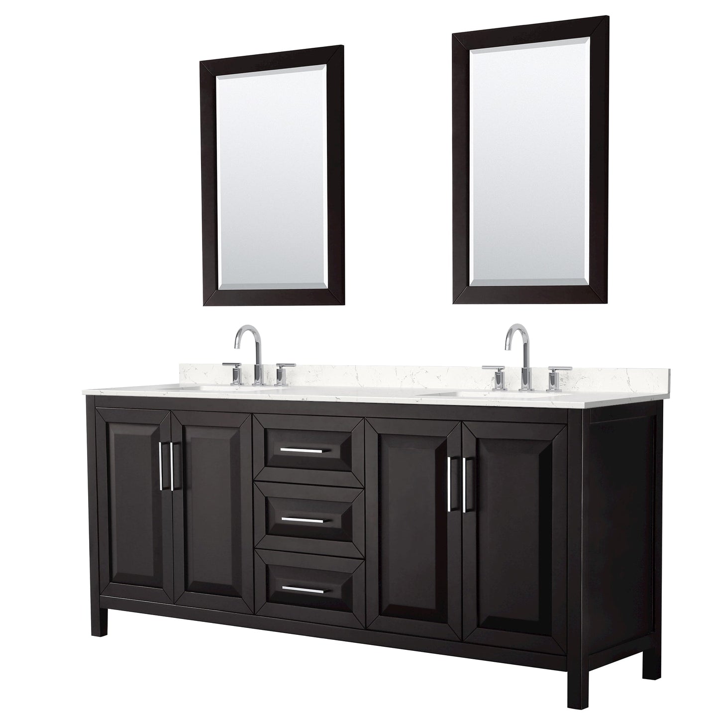 Wyndham Collection Daria 80" Double Bathroom Vanity in Dark Espresso, Carrara Cultured Marble Countertop, Undermount Square Sinks (3-Hole), Polished Chrome Trim, 24" Mirrors