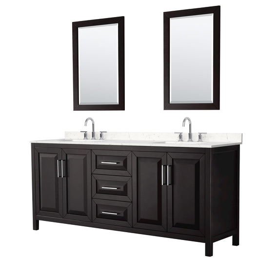 Wyndham Collection Daria 80" Double Bathroom Vanity in Dark Espresso, Carrara Cultured Marble Countertop, Undermount Square Sinks (3-Hole), Polished Chrome Trim, 24" Mirrors