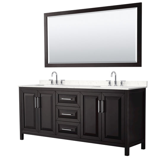 Wyndham Collection Daria 80" Double Bathroom Vanity in Dark Espresso, Carrara Cultured Marble Countertop, Undermount Square Sinks (3-Hole), Polished Chrome Trim, 70" Mirror