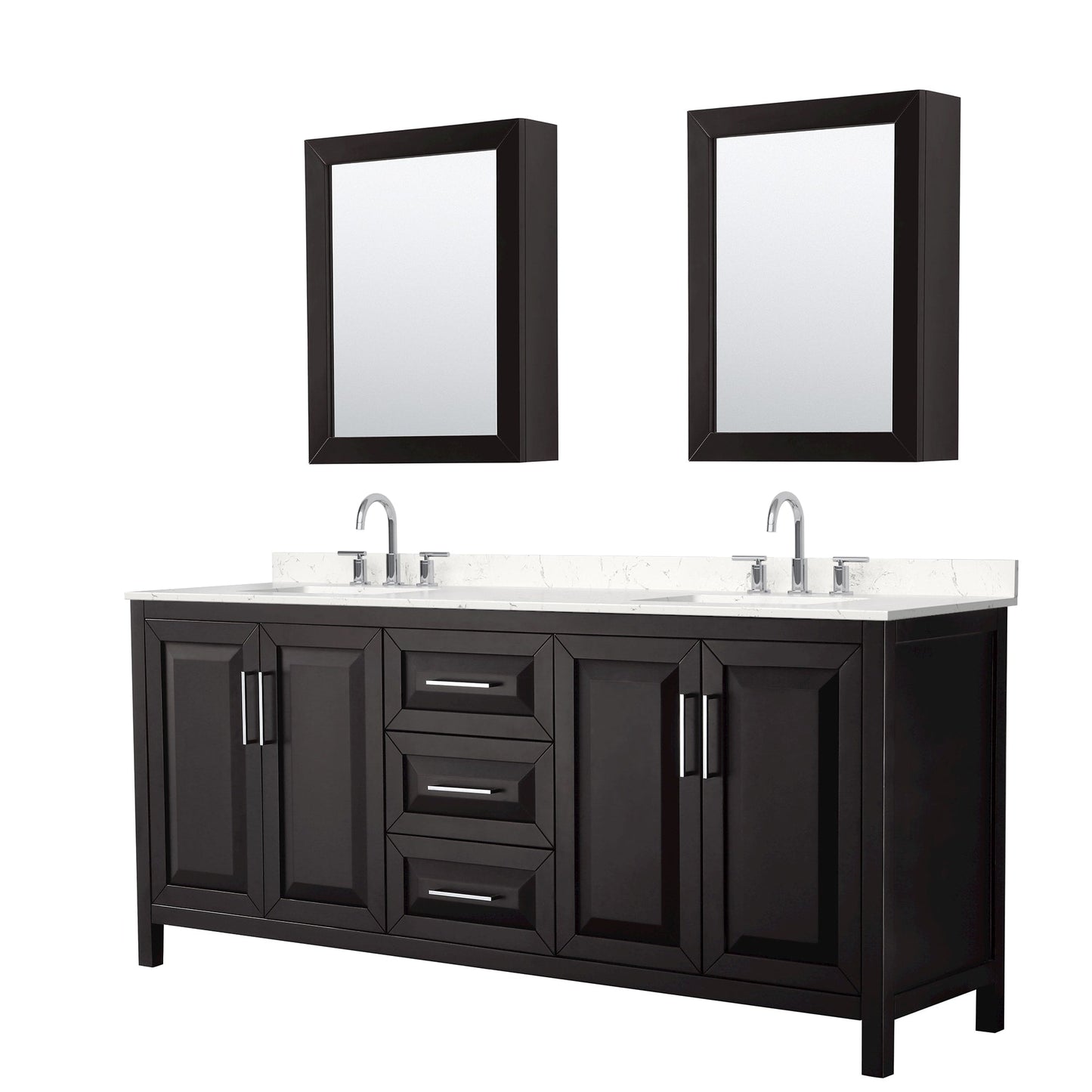 Wyndham Collection Daria 80" Double Bathroom Vanity in Dark Espresso, Carrara Cultured Marble Countertop, Undermount Square Sinks (3-Hole), Polished Chrome Trim, Medicine Cabinets