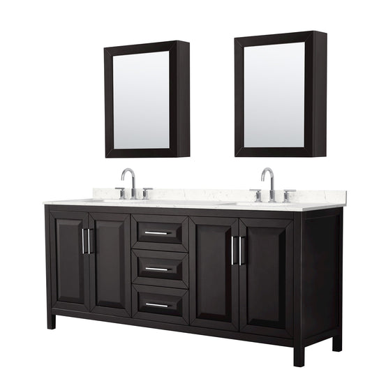 Wyndham Collection Daria 80" Double Bathroom Vanity in Dark Espresso, Carrara Cultured Marble Countertop, Undermount Square Sinks (3-Hole), Polished Chrome Trim, Medicine Cabinets