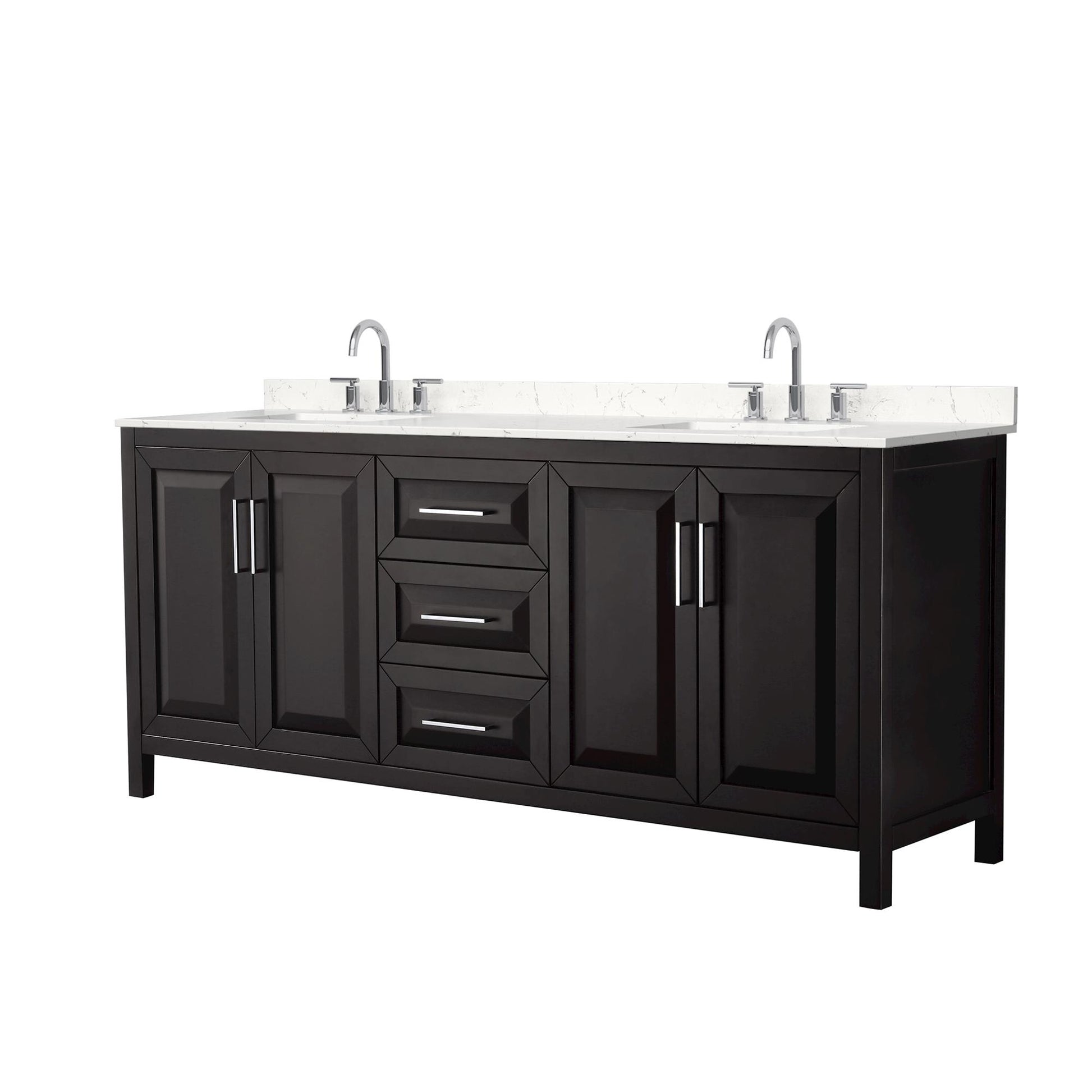Wyndham Collection Daria 80" Double Bathroom Vanity in Dark Espresso, Carrara Cultured Marble Countertop, Undermount Square Sinks (3-Hole), Polished Chrome Trim