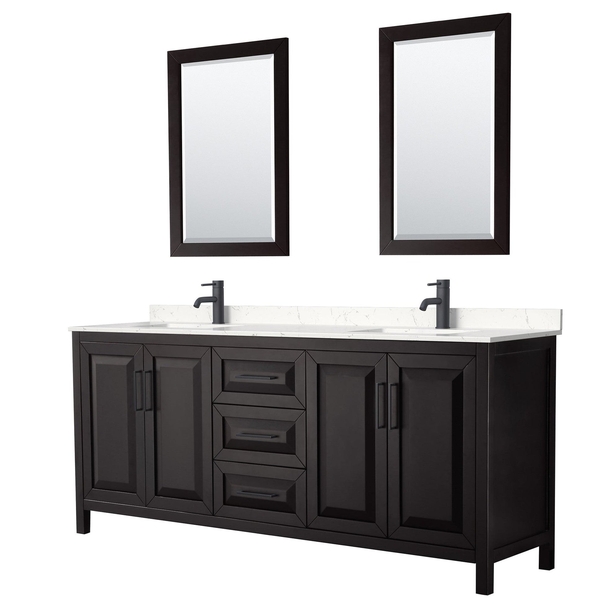 Wyndham Collection Daria 80" Double Bathroom Vanity in Dark Espresso, Carrara Cultured Marble Countertop, Undermount Square Sinks, Matte Black Trim, 24" Mirrors