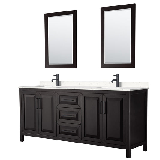 Wyndham Collection Daria 80" Double Bathroom Vanity in Dark Espresso, Carrara Cultured Marble Countertop, Undermount Square Sinks, Matte Black Trim, 24" Mirrors