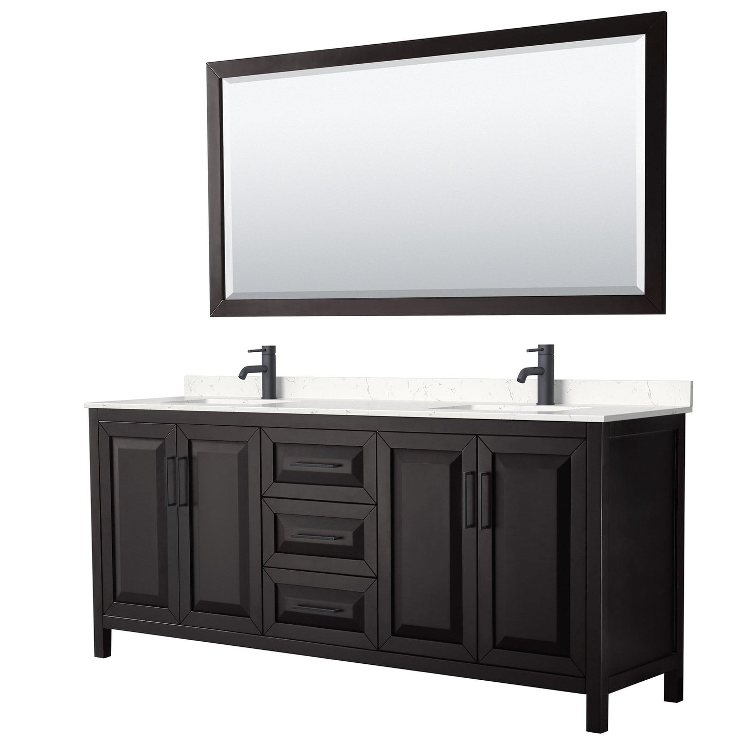 Wyndham Collection Daria 80" Double Bathroom Vanity in Dark Espresso, Carrara Cultured Marble Countertop, Undermount Square Sinks, Matte Black Trim, 70" Mirror